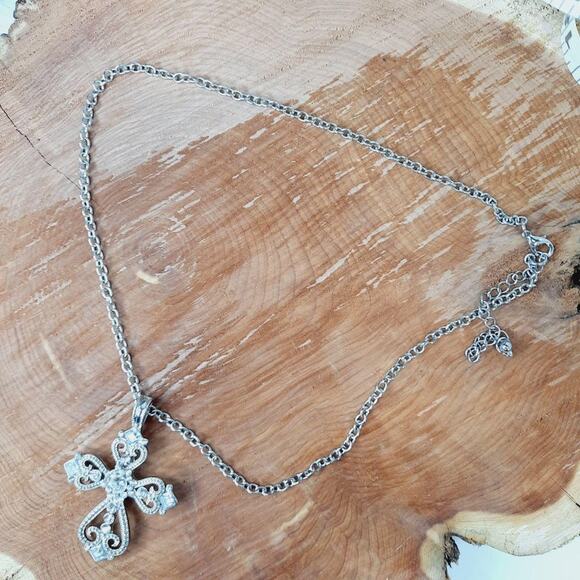 Pave Style Cross Necklace w/Rhinestones & Hearts - Picture 4 of 5